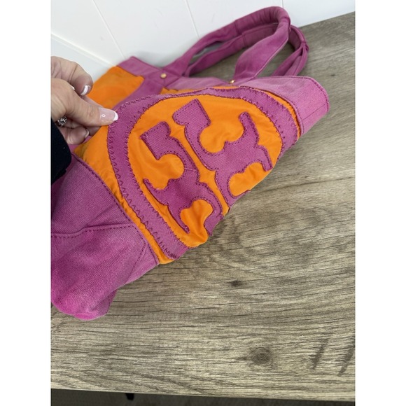 Vintage Tory Burch Canvas Tote Bag Orange Fuchsia Pink - Picture 4 of 13